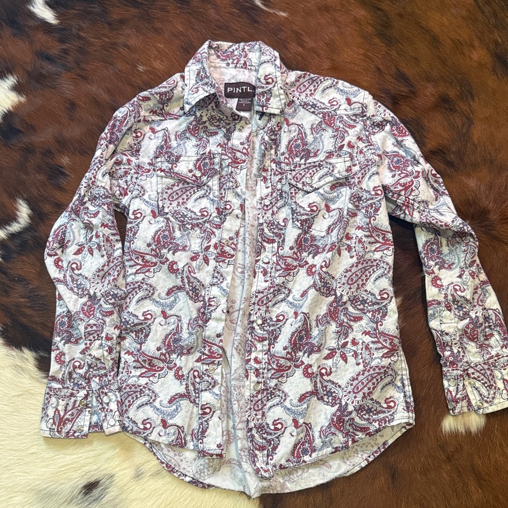 Pintlar Paisley Pearl Snap Button-Up Shirt Maroon, White & Blue. Youth L